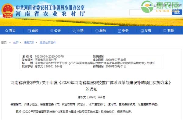 河南省农业农村厅关于印发《2020年河南省基层农技推广体系改革与建设补助项目实施方案》的通知