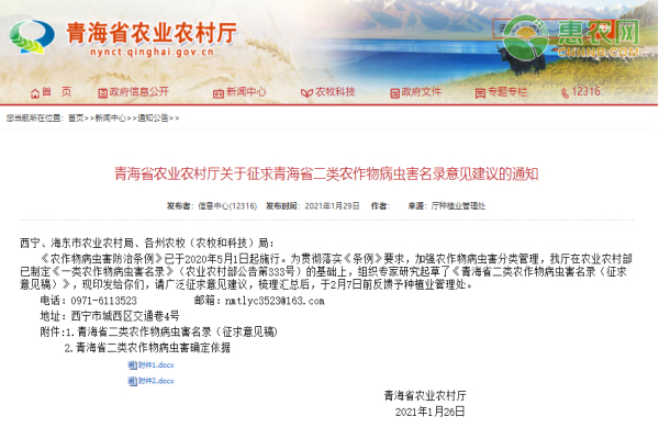 青海省农业农村厅关于征求青海省二类农作物病虫害名录意见建议的通知